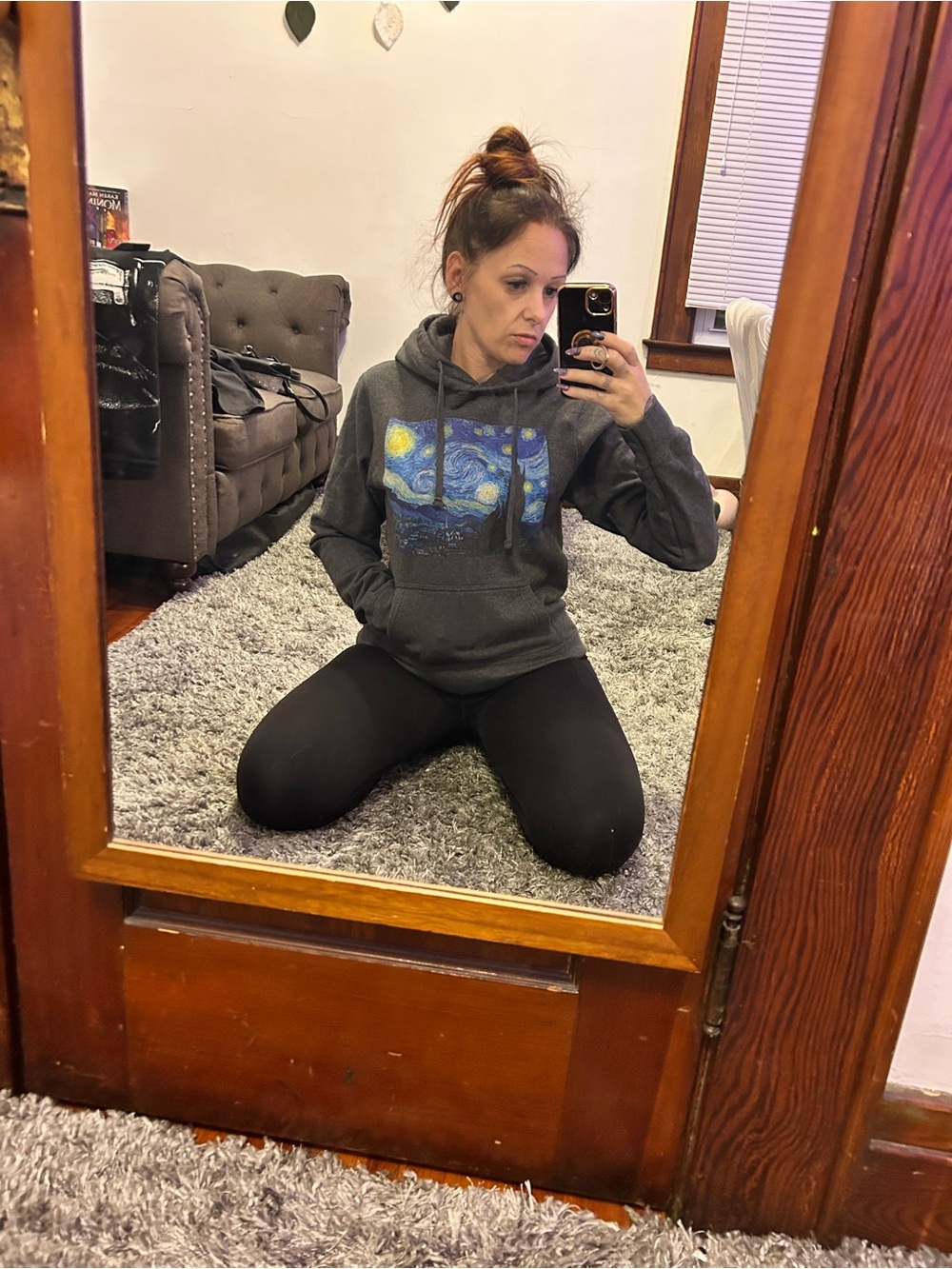 Women's Charcoal Gray Hoodie with Starry Night Van Gogh Graphic